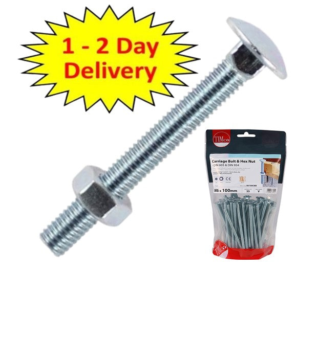 M8 x 150 mm Timco Carriage / Coach Bolts & Hex Nuts - Bright Zinc plated - 24 Timbag I The Builders Merchant Group Ltd