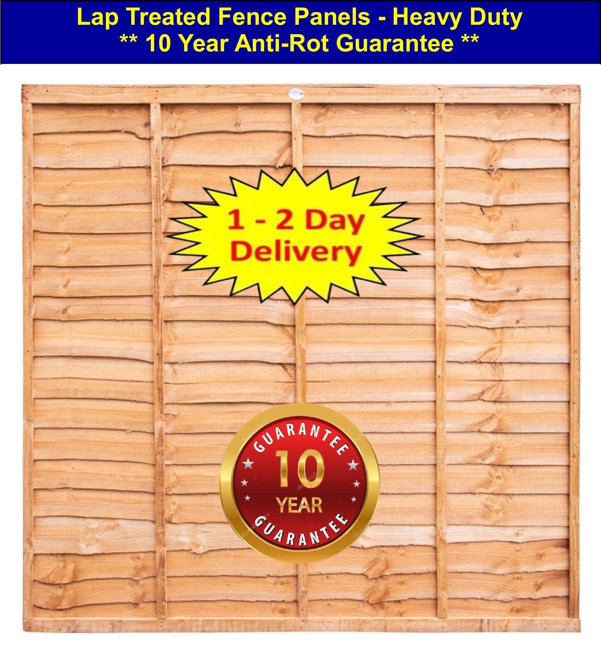 6ft x 6ft - Lap 10 Year Guarantee Fence Panel Heavy Duty Treated - (1.83m x 1.83m) I The Builders Merchant Group Ltd
